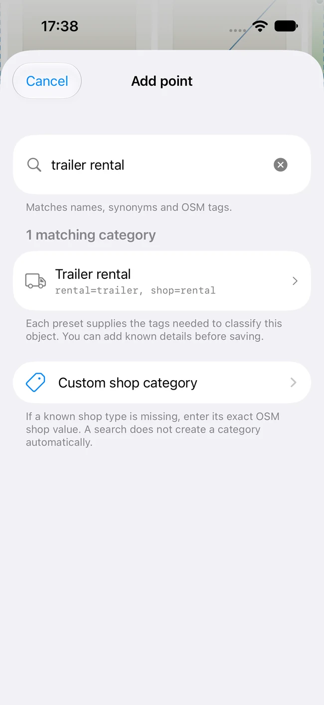 Category search showing a trailer rental preset and a custom category option