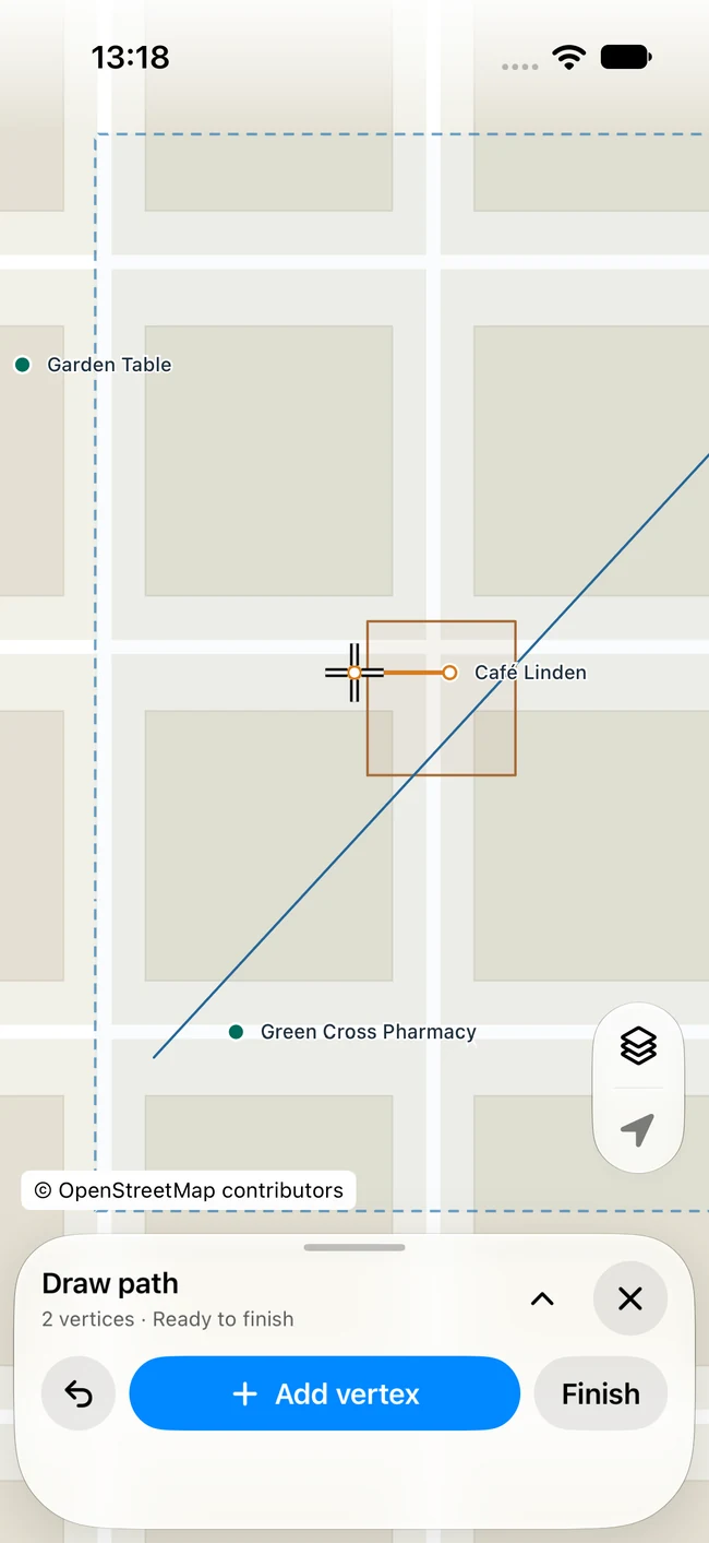 Drawing a new path with a high contrast crosshair and Add vertex and Finish controls