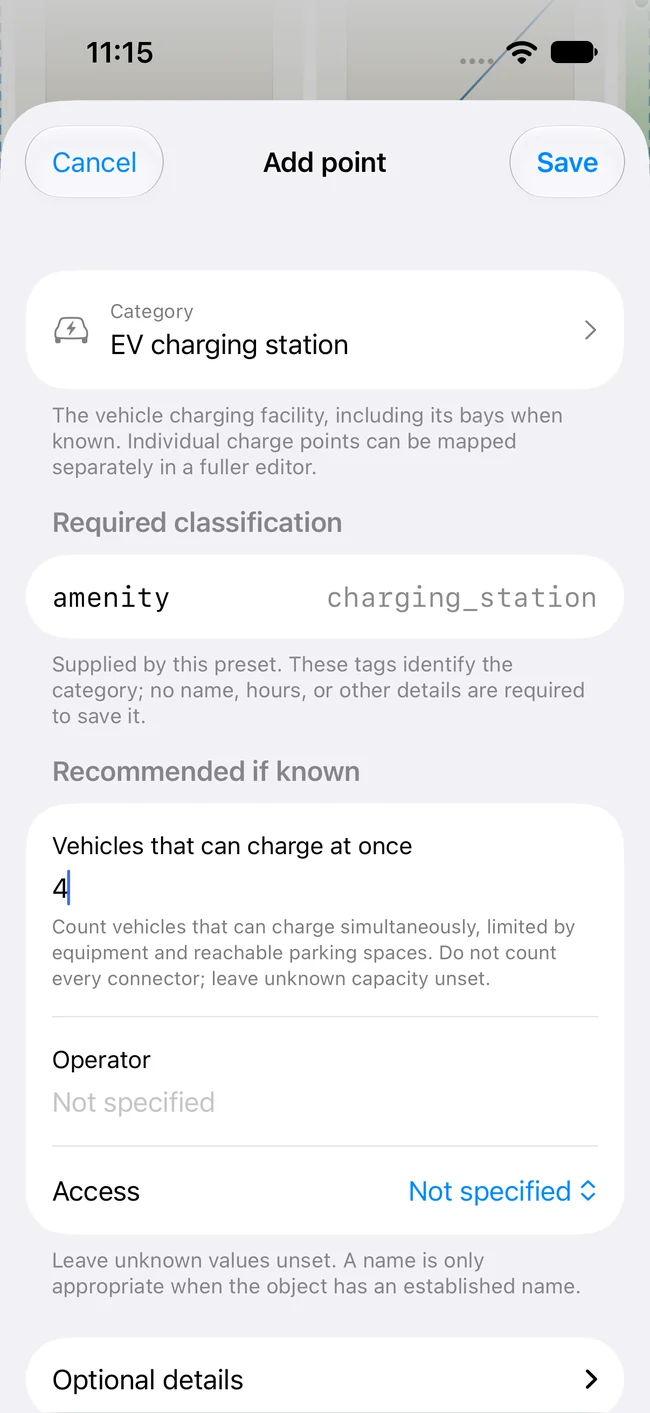 EV charging station form with required classification and recommended capacity, operator, and access fields