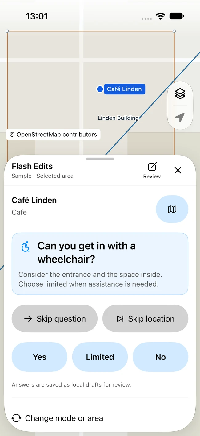 A guided wheelchair access question in Flash Edits, with answer and skip options