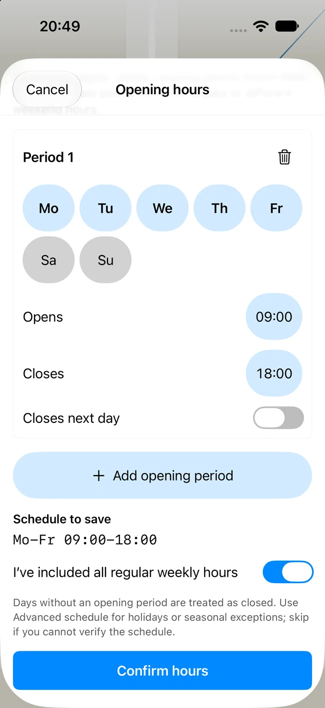 Opening hours editor for entering and saving a schedule