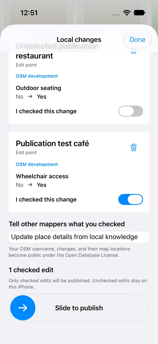 Changes review showing checked edits and the Slide to publish control
